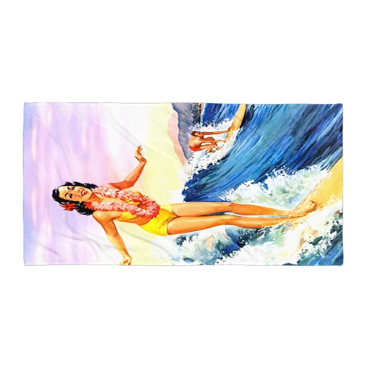 SURFING WAHINE TOWEL – 30"x60", COTTON TERRY BACK, RETRO HAWAIIAN SURFER GIRL DESIGN product image (1)