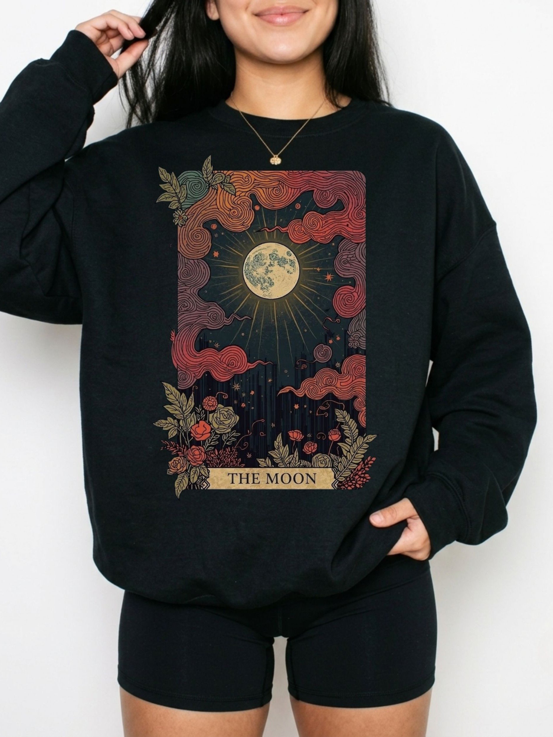 The Moon Tarot Crewneck Sweatshirt, Mystical Lunar Graphic with Swirly Clouds product image (3)
