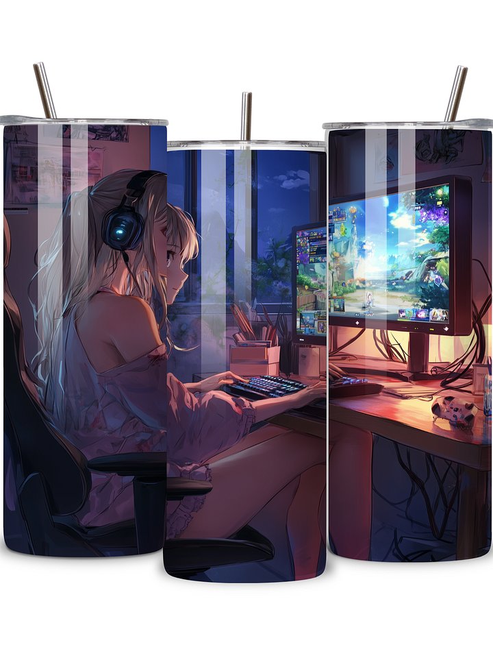 Anime Gamer Girl 20oz Skinny Tumbler with Metal Straw – Vibrant Gaming Setup Design – Double-Walled Insulated Stainless Steel Tumbler Gift for Anime and Gaming Fans (Anime Girl 1) product image (2)