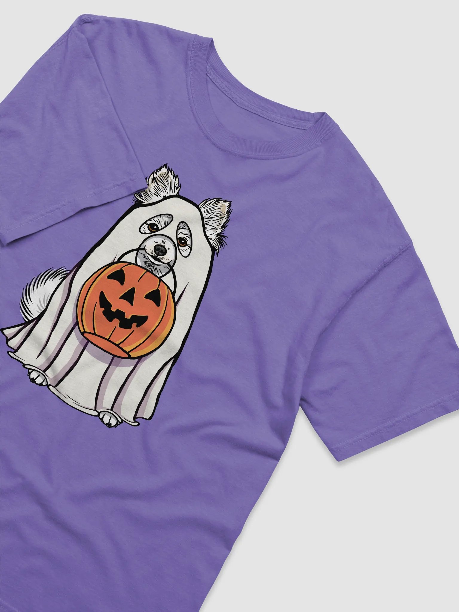 Funny Halloween Pomeranian(White) T-Shirt | Funny Pomeranian Wearing a Ghost Costume and Holding a Pumpkin Basket product image (6)