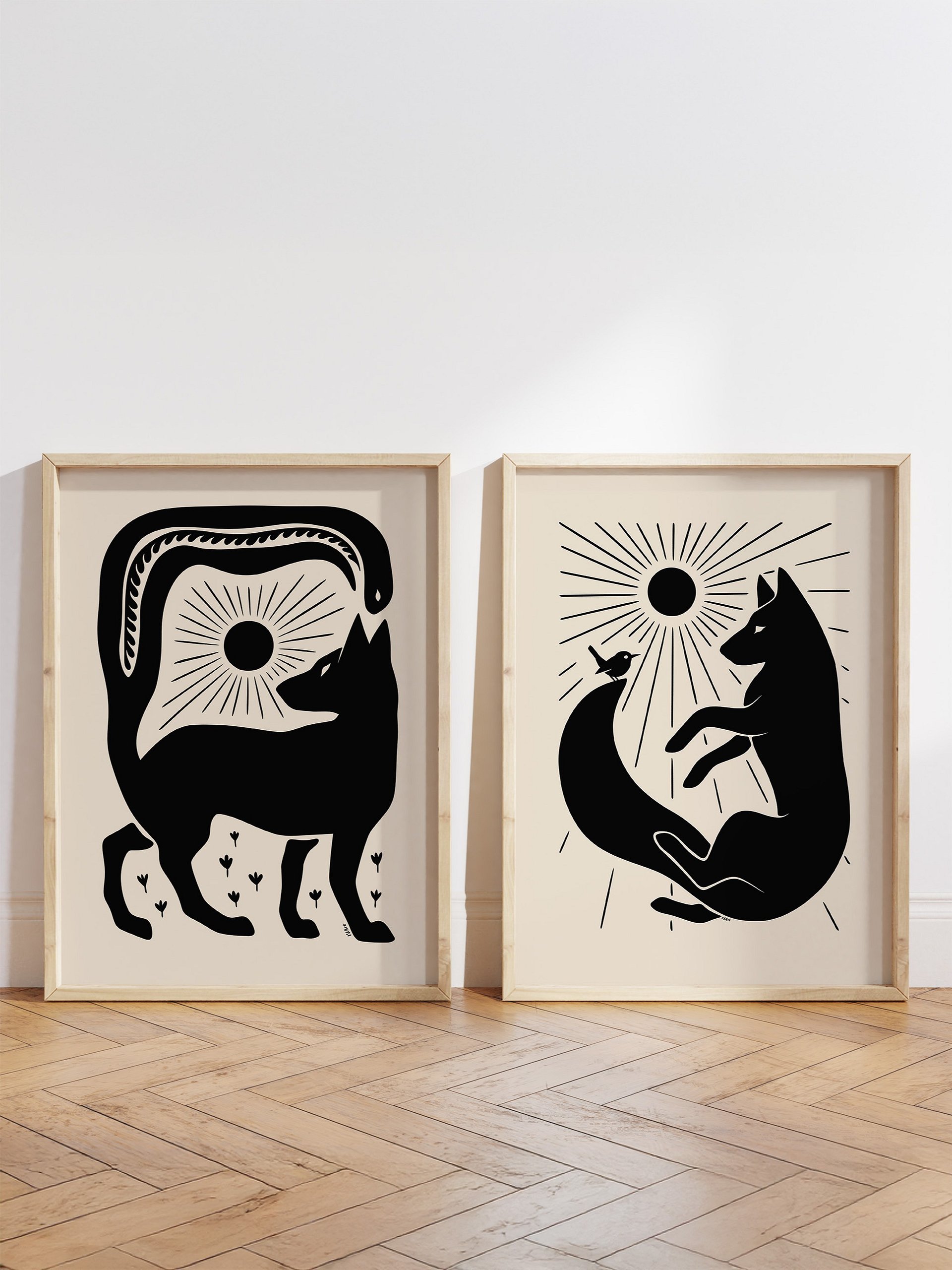 Wolf and Bird Print, Wolf and Snake Folk Art, Set of 2 product image (1)