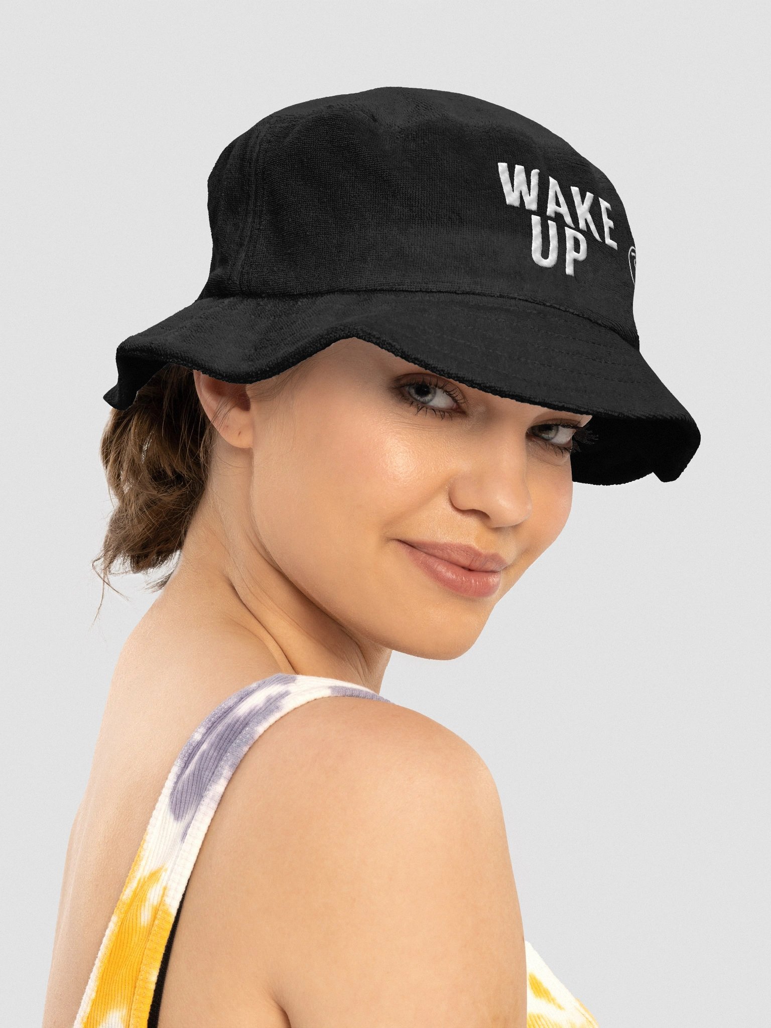 “Wake Up” embroidered bucket hat – black terry cotton alt hat from Seven Shades of Nothing – Capstone Terry Cloth Bucket Hat product image (3)