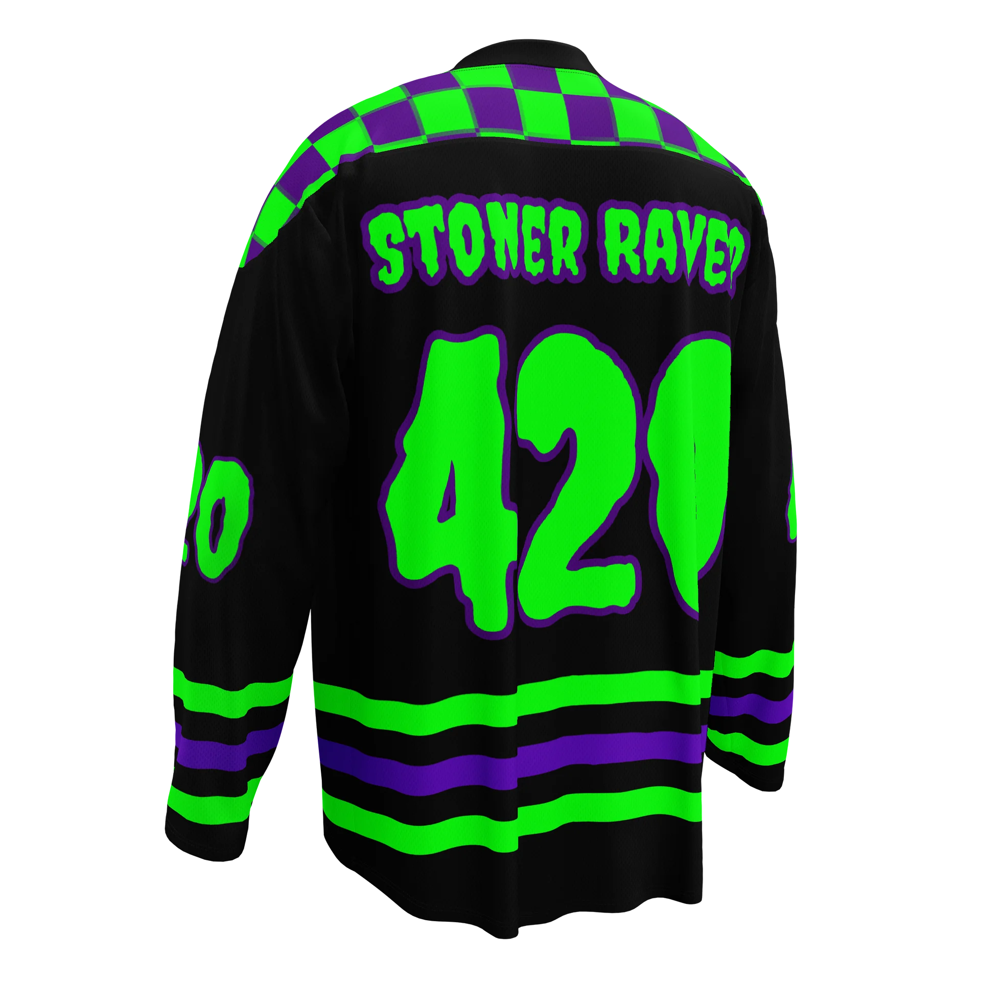 Stoner Raver 420 Hockey Jersey, Cannabis EDM Shirt, Gothic Alt Rave Wear, Weed Music Festival Clothes, Black Purple Neon Green Pot Leaf Top product image (6)