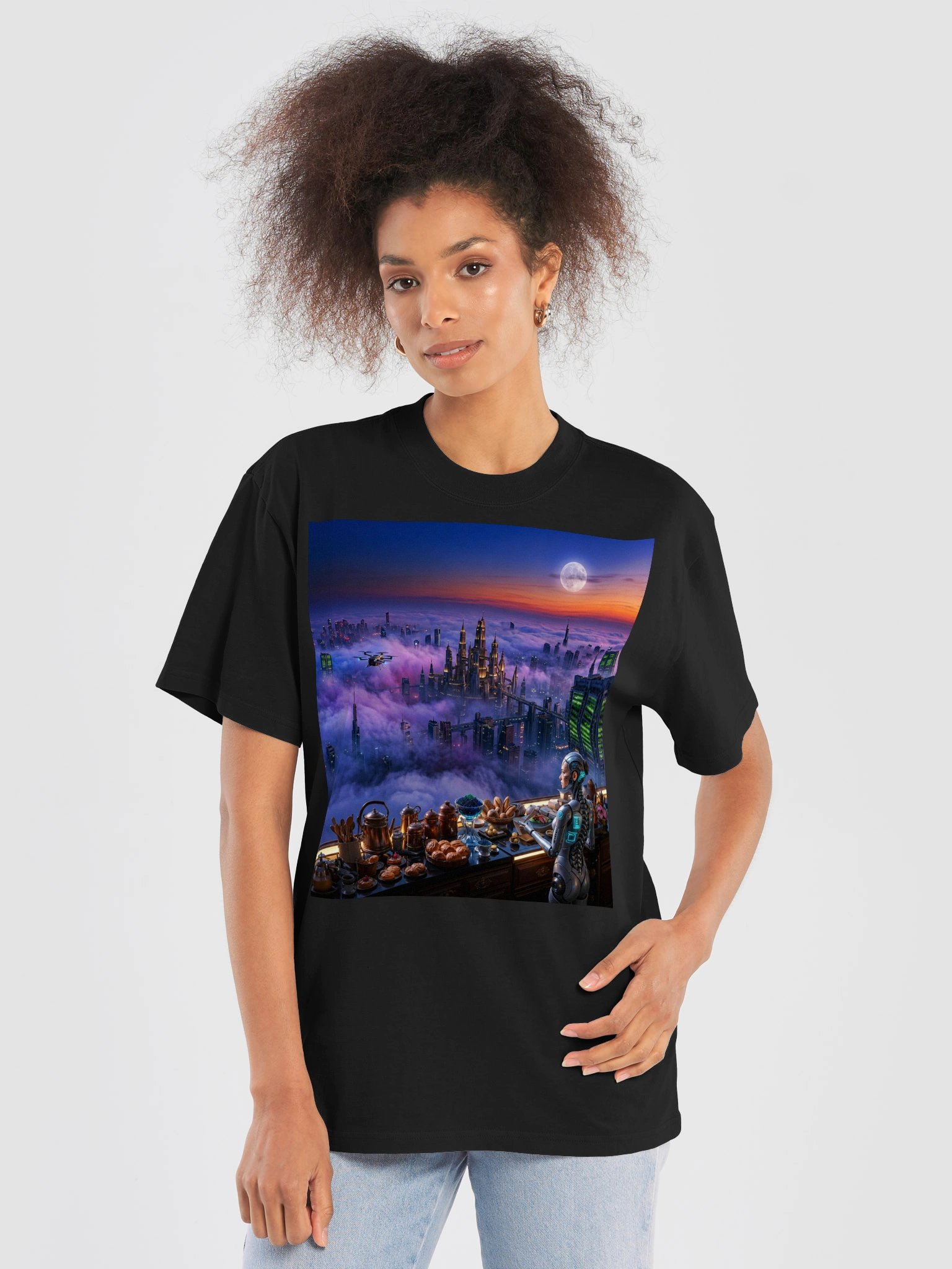 Gift for Sci-Fi Fans | Cozy Cyberpunk Robot Breakfast Oversized Faded T-Shirt | Futuristic Techwear Streetwear Gift product image (6)