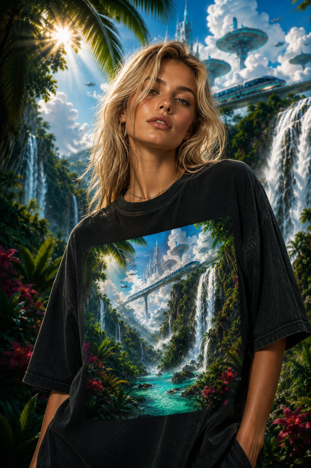 FUTURISTIC PARADISE 🌴 A Tropical Sci-Fi World on a Premium Oversized Tee product image (1)