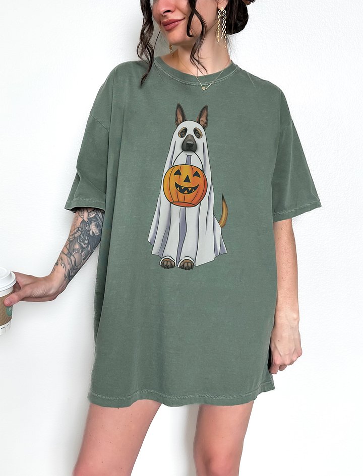 Belgian Malinois Halloween Tee | Funny Fall and Halloween Malinois Wearing a Ghost Costume with Pumpkin Basket product image (2)