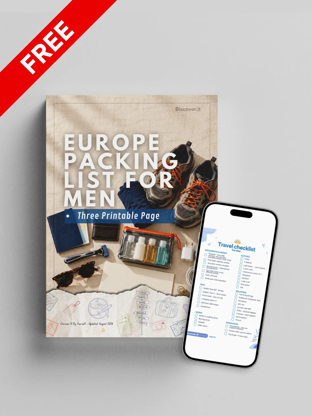 Europe Packing List for Men - Three Printable Pages (Free) product image (1)