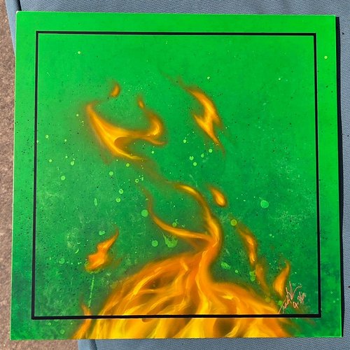 This started as a simple experiment: paint fire over a bright green base and see what happens.

The background texture wasn't...