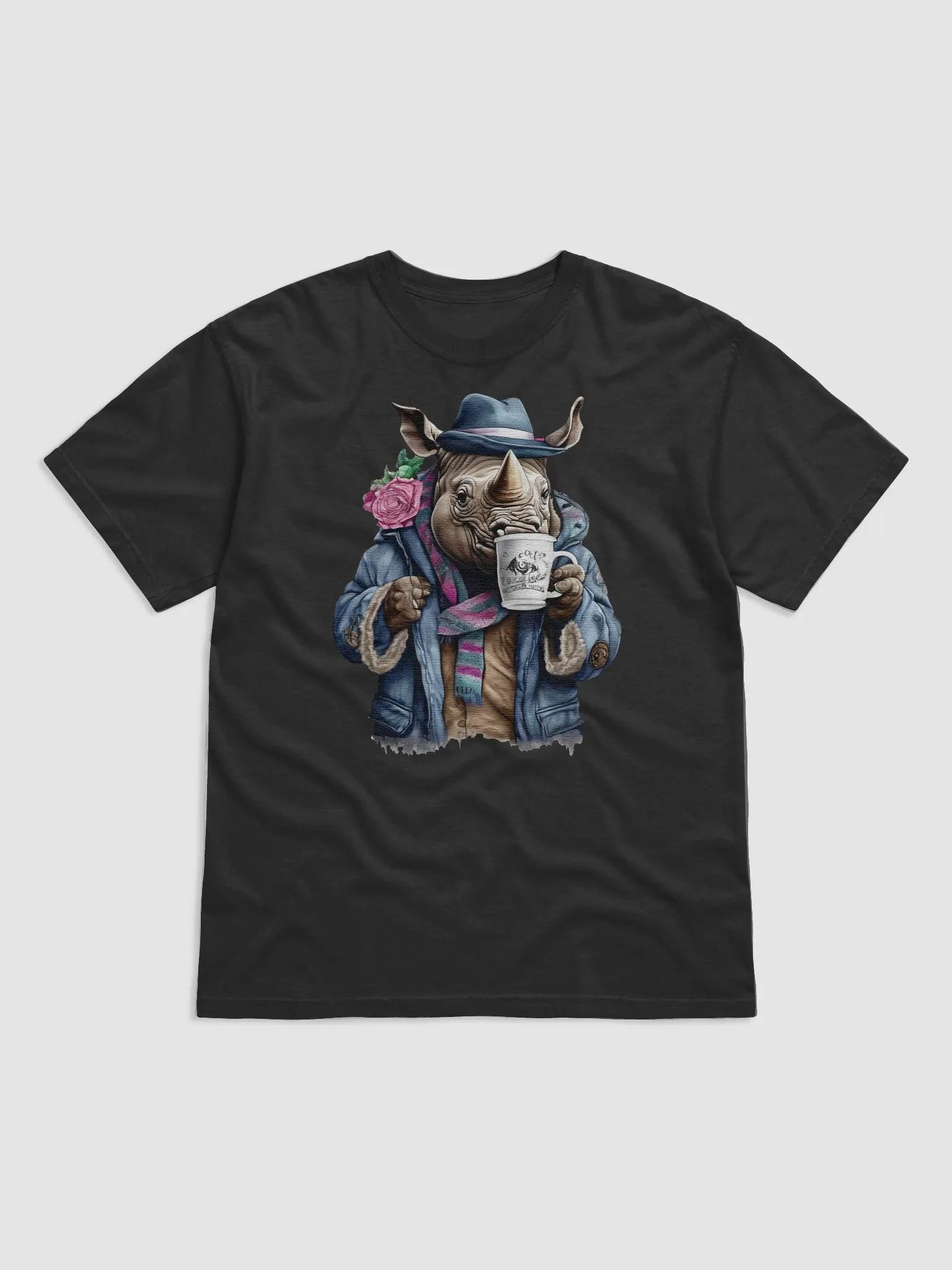 Rhinoceros wearing a jackets holding a cup coffee product image (1)