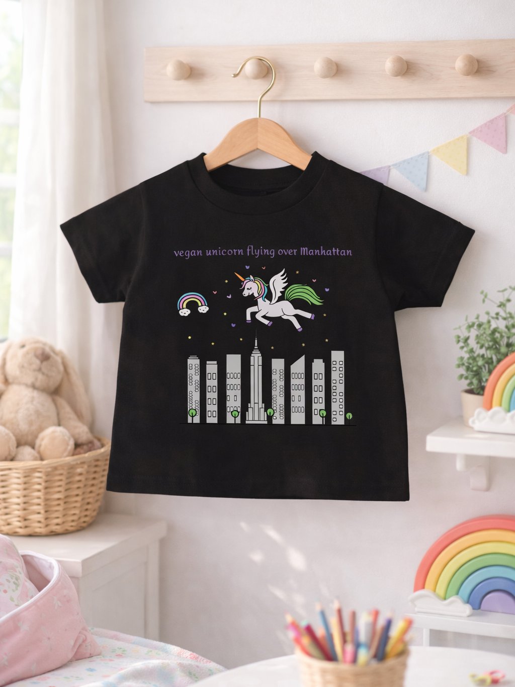 “Vegan Unicorn Flying Over Manhattan” Black T-Shirt for Kids product image (1)