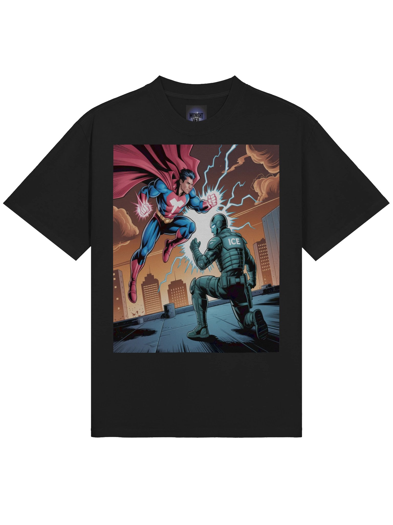 Shadowed Sentinel vs. Frostbound ICE Enforcer: Urban Eclipse Clash Oversized Faded T-Shirt product image (3)