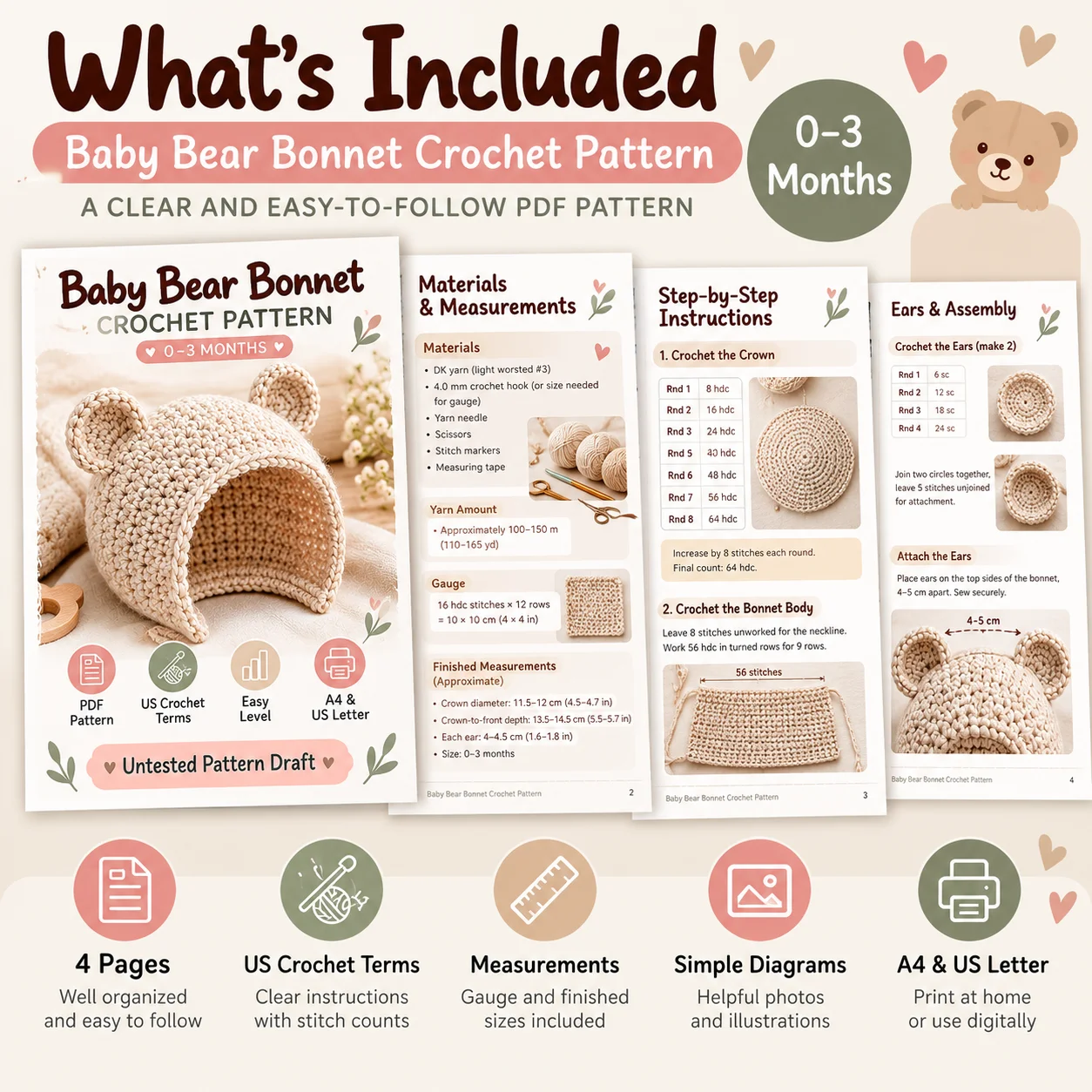 Baby Bear Bonnet Crochet Pattern PDF | 0–3 Months | Bear Ear Baby Hat product image (2)