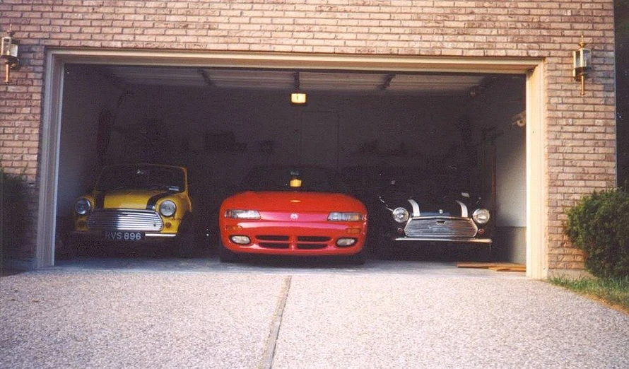 Austin Mini in two-car garage