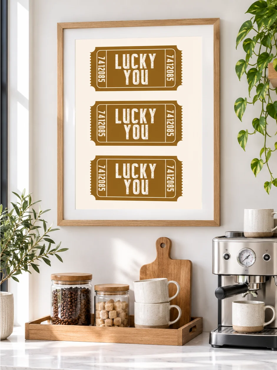 Lucky You Ticket Poster, Mustard Ochre Typography Wall Art, Retro Ticket Print, Cream Earth Tone Art, Printable Quote Art, Vintage Art Print product image (3)