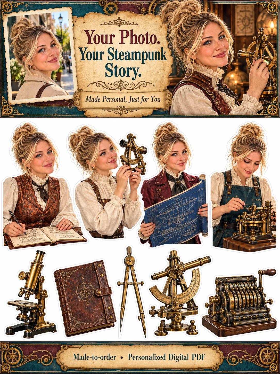 Personalized Steampunk Ephemera for Junk Journals: 40 Printable PDF Pages of Victorian Clockwork Portraits, Brass Gadgets and Mechanical Wonders for Scrapbooking and Mixed Media product image (5)