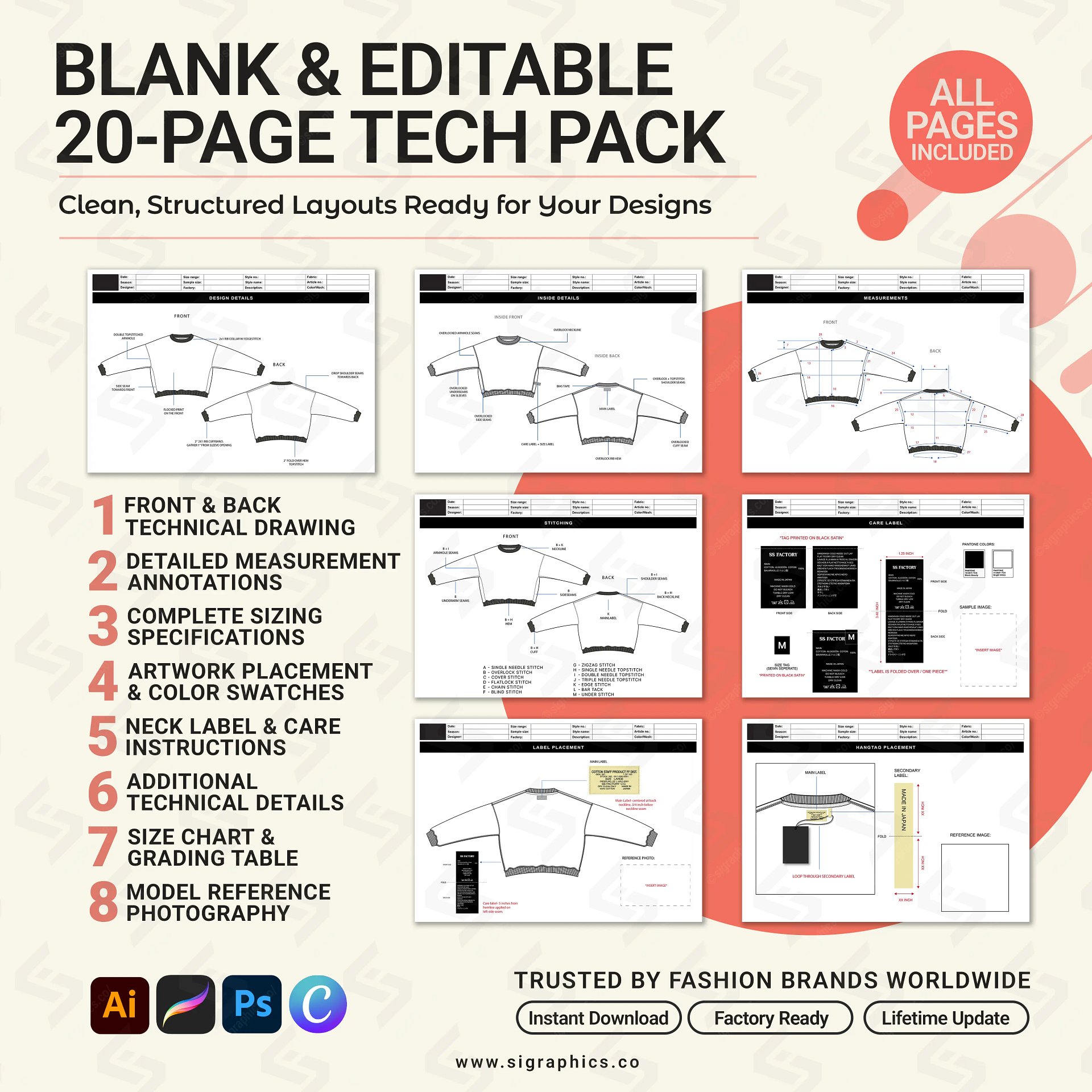 Crewneck Sweater Sweatshirt Tech Pack Template product image (3)
