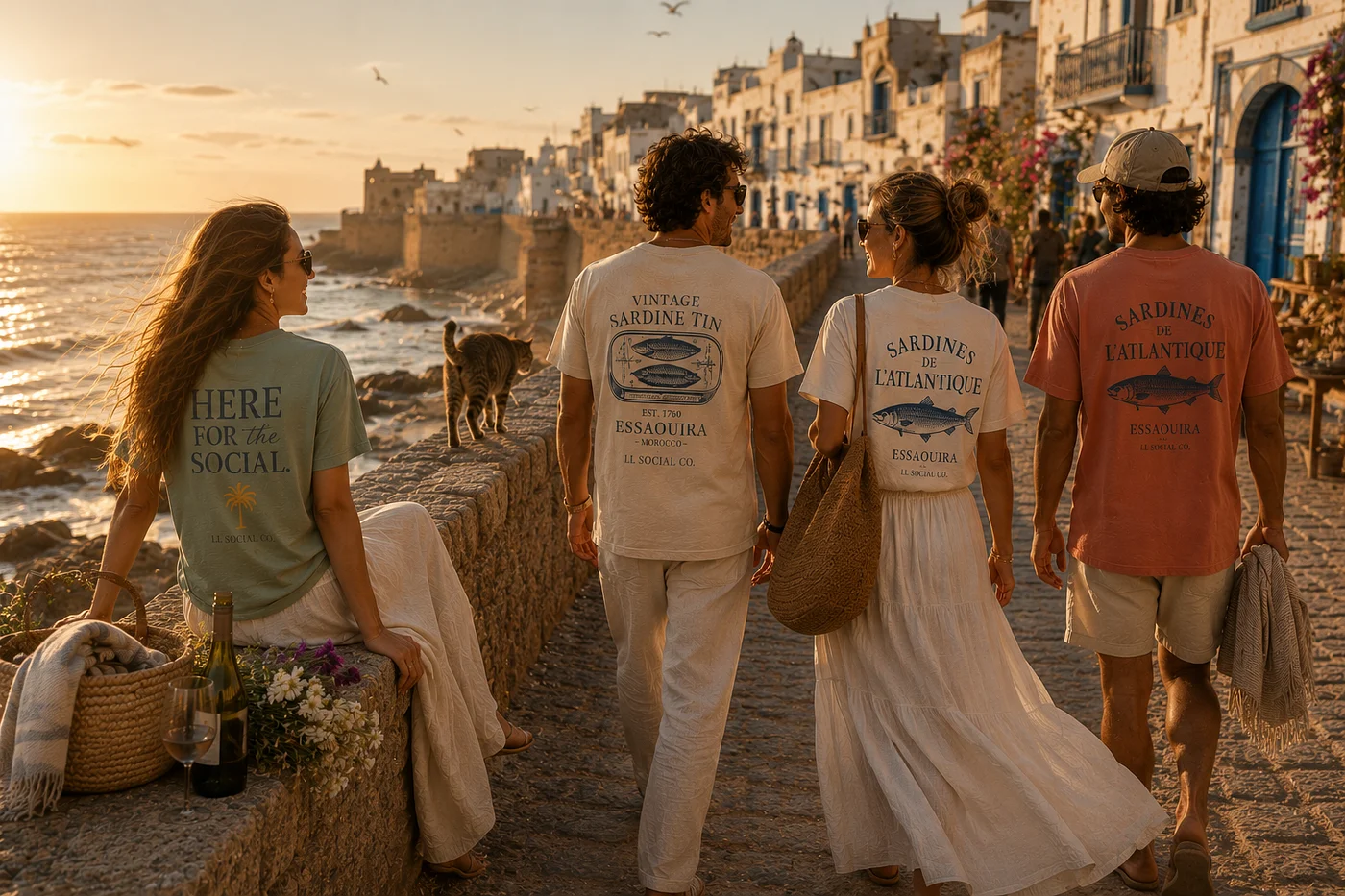 Friends wearing LL Social Co. Morocco graphic T-shirts walking along the historic waterfront in Essaouira at sunset, with ocean views, stone walls, white buildings, and a cat nearby.