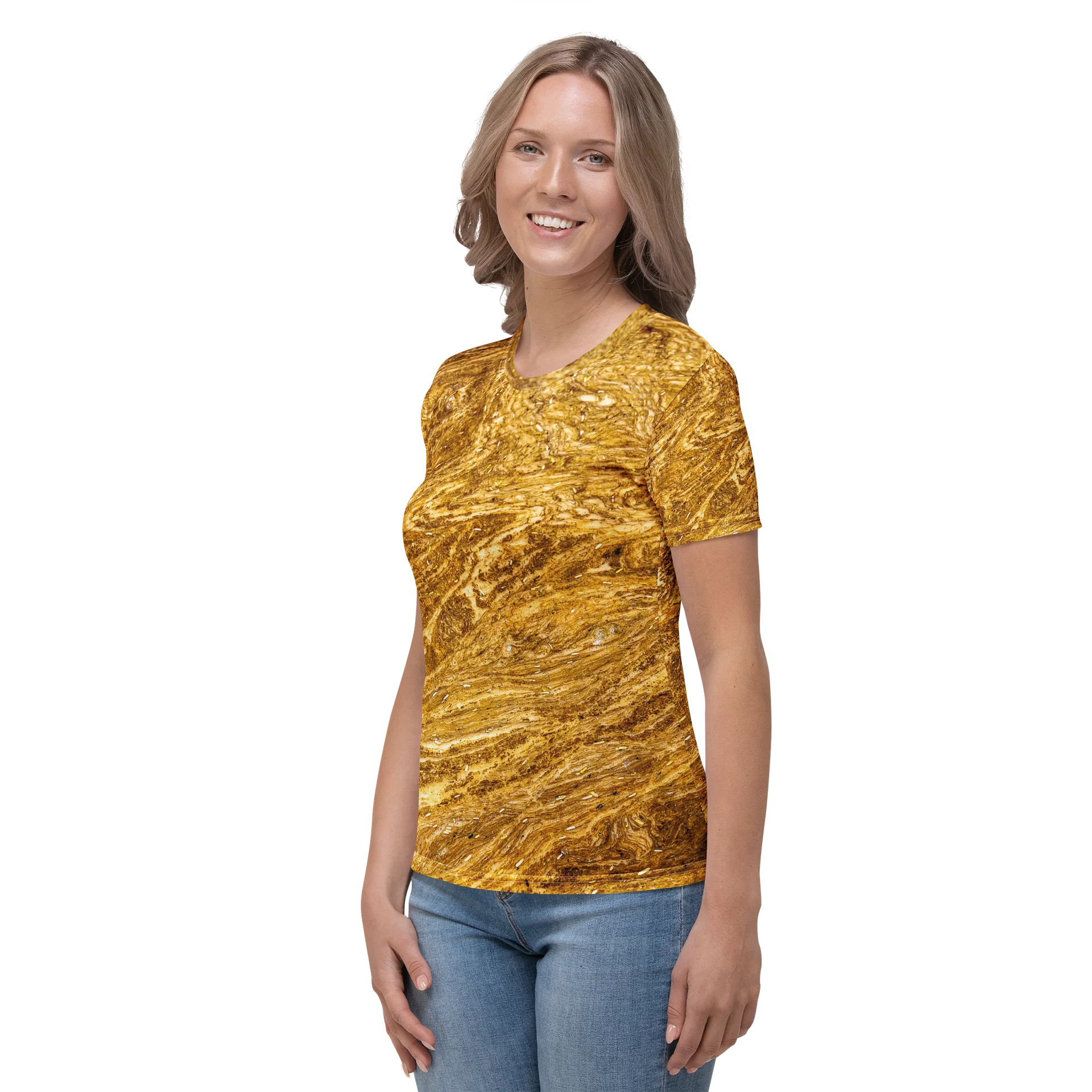 Golden Strata: Earthy Swirl Marble Pattern Women’s Tee | Full Print Golden Ochre Short Sleeve Shirt | Tiger Eye Boho Casual Top product image (3)