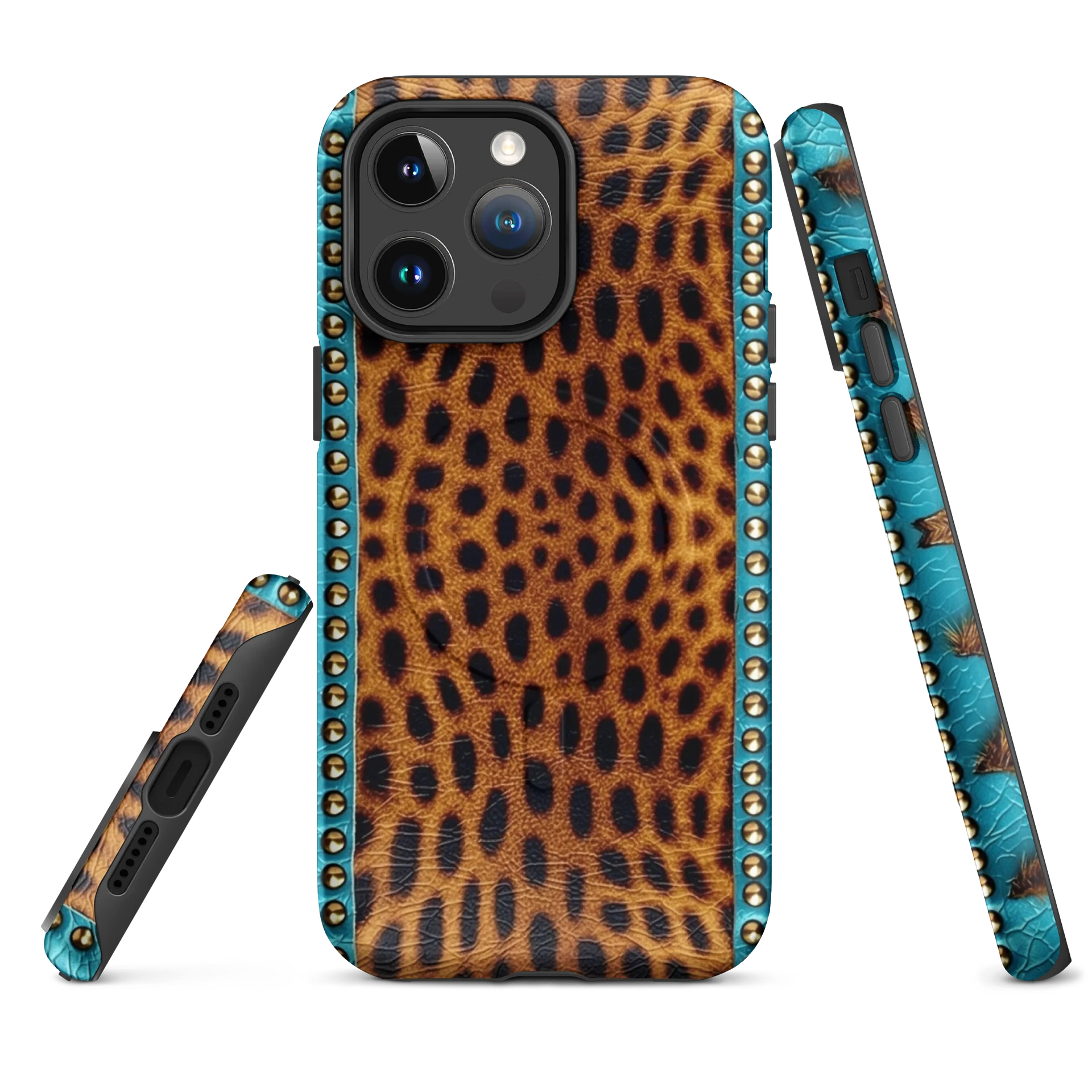 Turquoise & Leopard Leather Look - MagSafe Tough iPhone Case - Animal Print Design product image (1)
