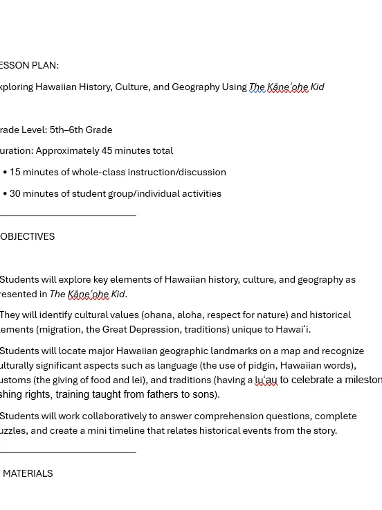 Free Lesson Plans for 5th & 6th grade to accompany The Kāneʻohe Kid product image (2)