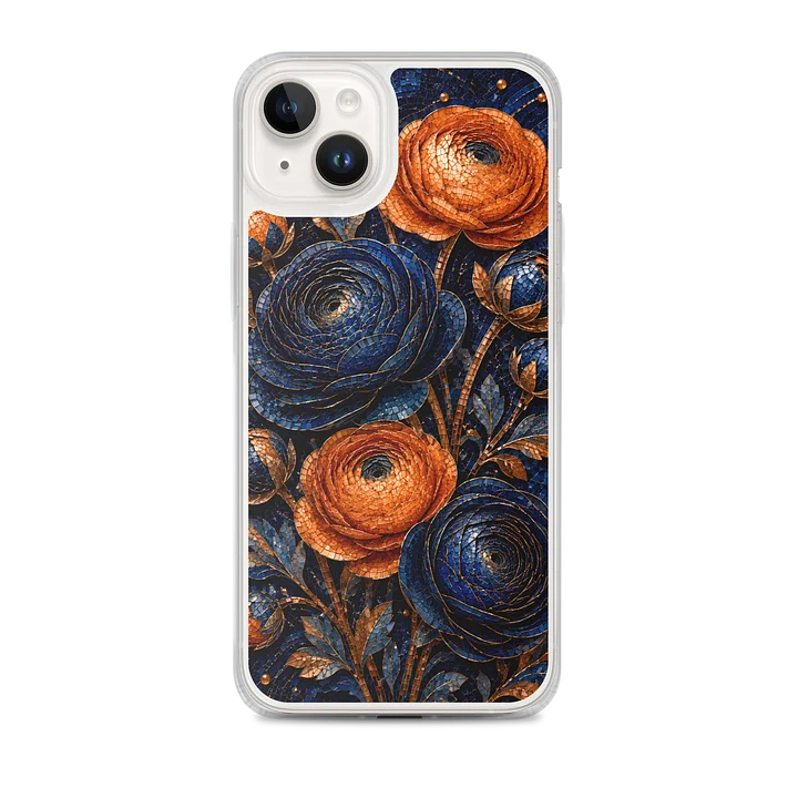 Navy Blue And Copper Orange Ranunculus Mosaic Premium Soft Silicone iPhone Case - MagSafe Compatible product image (1)