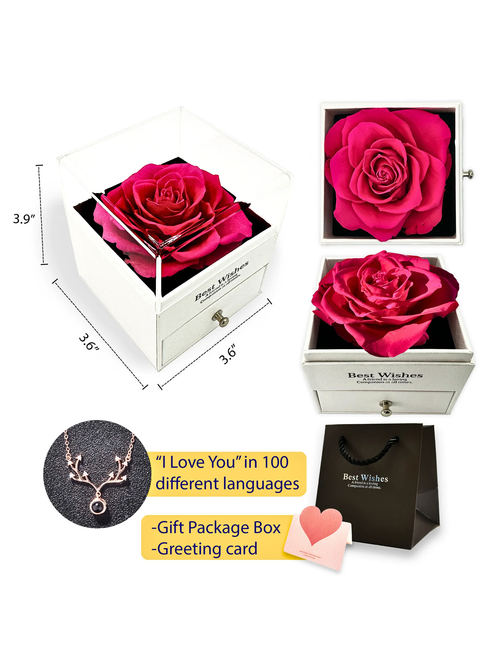 Eternal Rose Gift Box with "I Love You" Necklace (Hot Pink) product image (7)