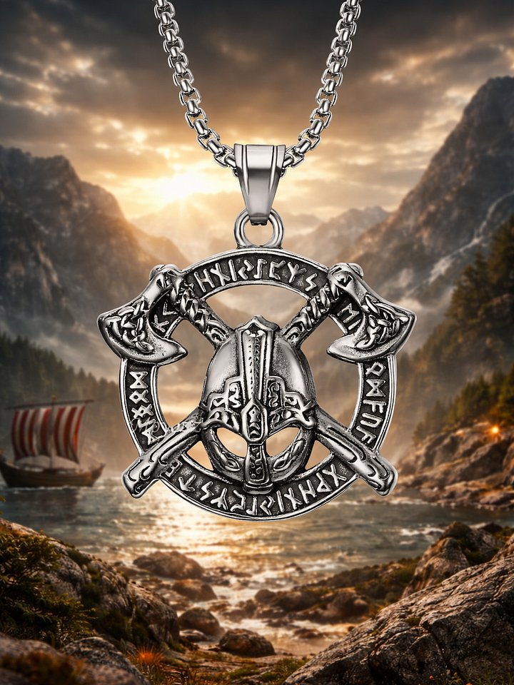 The Armored Kingdom Viking Helmet Double Axe Necklace-Norse Runes-Nordic Mythology-Long Lasting product image (1)