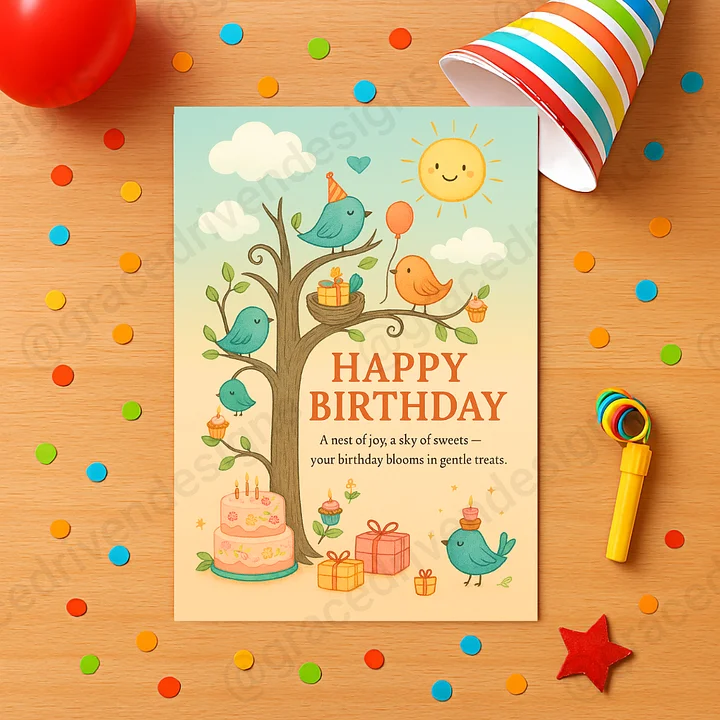 Set of 12 Bird-Themed Foldable Birthday Cards for Kids | Printable Greeting Cards | Instant Digital Download + Freebies product image (1)