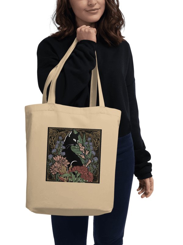 Custom Drawn Art Nouveau Black Cat With Flowers Eco-Friendly Canvas Tote Bag product image (2)