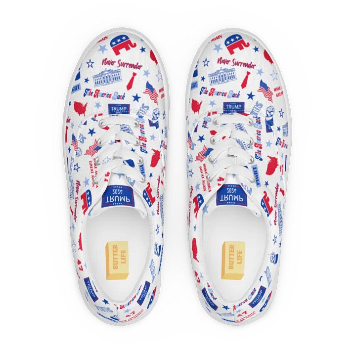 Trump 2024 Republican Patriot Make America Great Again White Pattern Low Top Canvas Shoes for women product image (1)