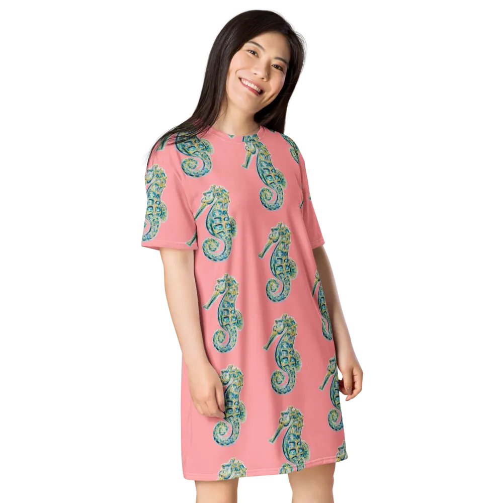 Ocean Majesty | Painted Seahorse | T-Shirt Dress | Coastal Oversized Dress | Ocean-Inspired Casual Style | Wewak Pink Background product image (4)