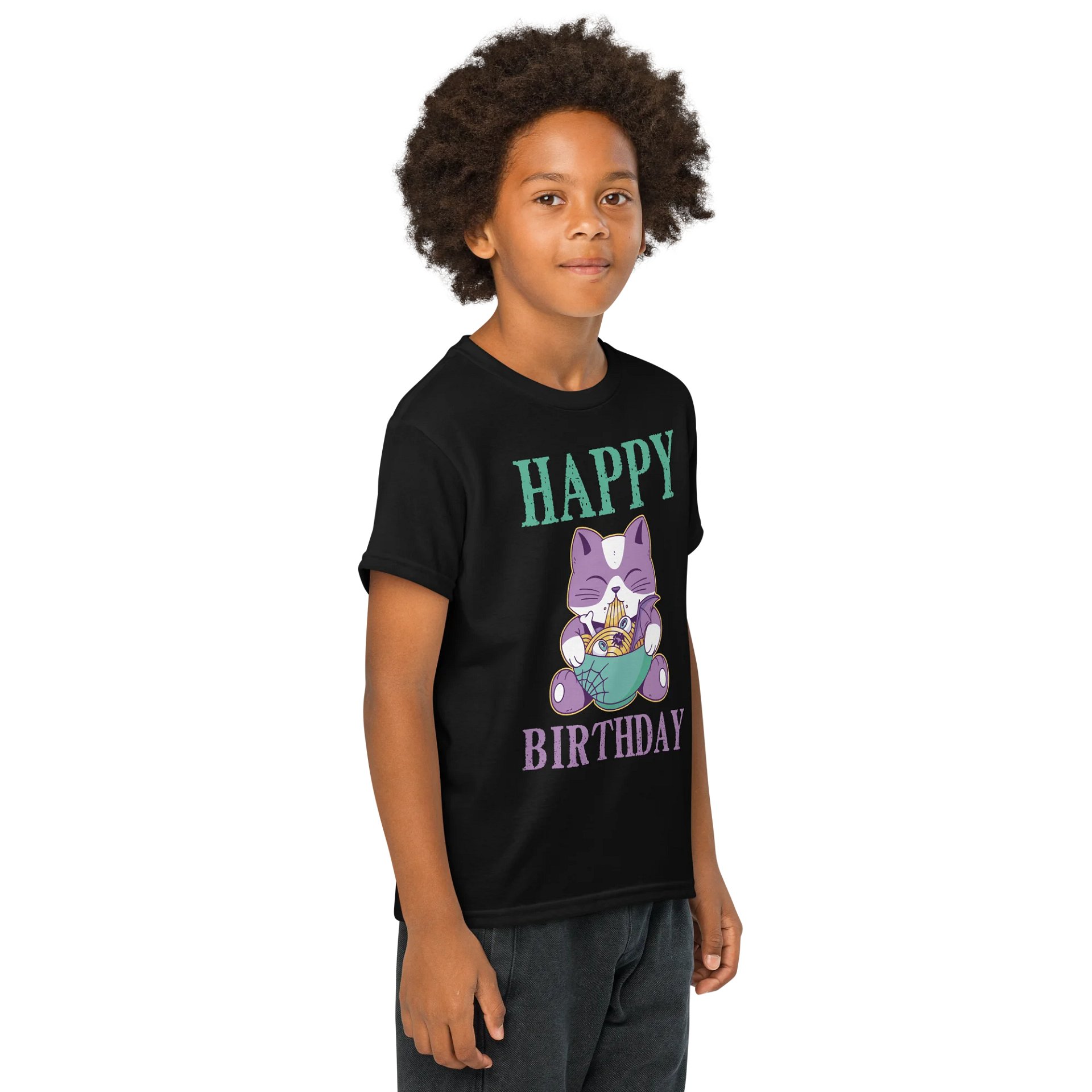 Happy Birthday (Spooky Cat Eating Noodles) T-Shirt For Kids product image (4)