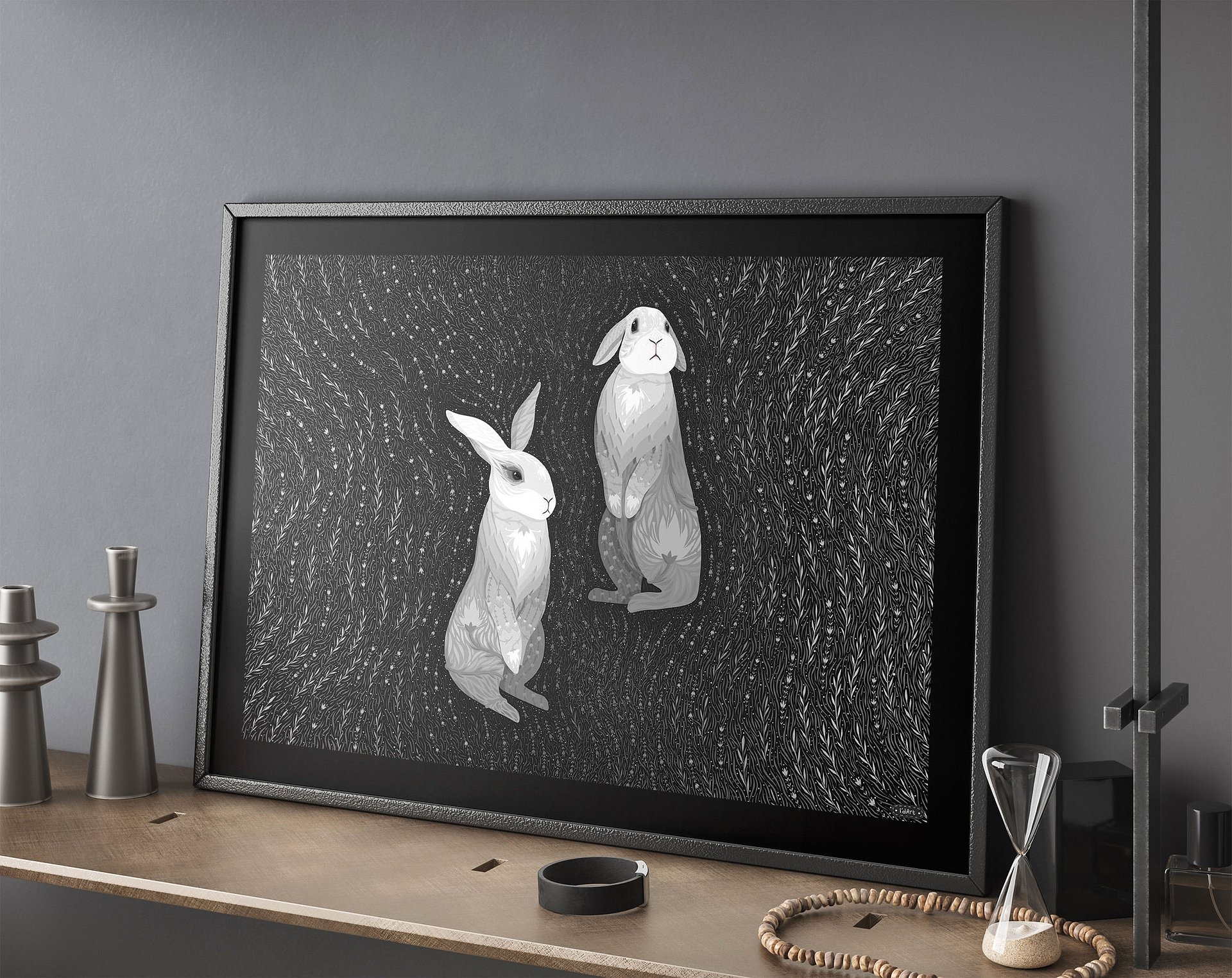Two Whimsical White Rabbits Art Print product image (3)