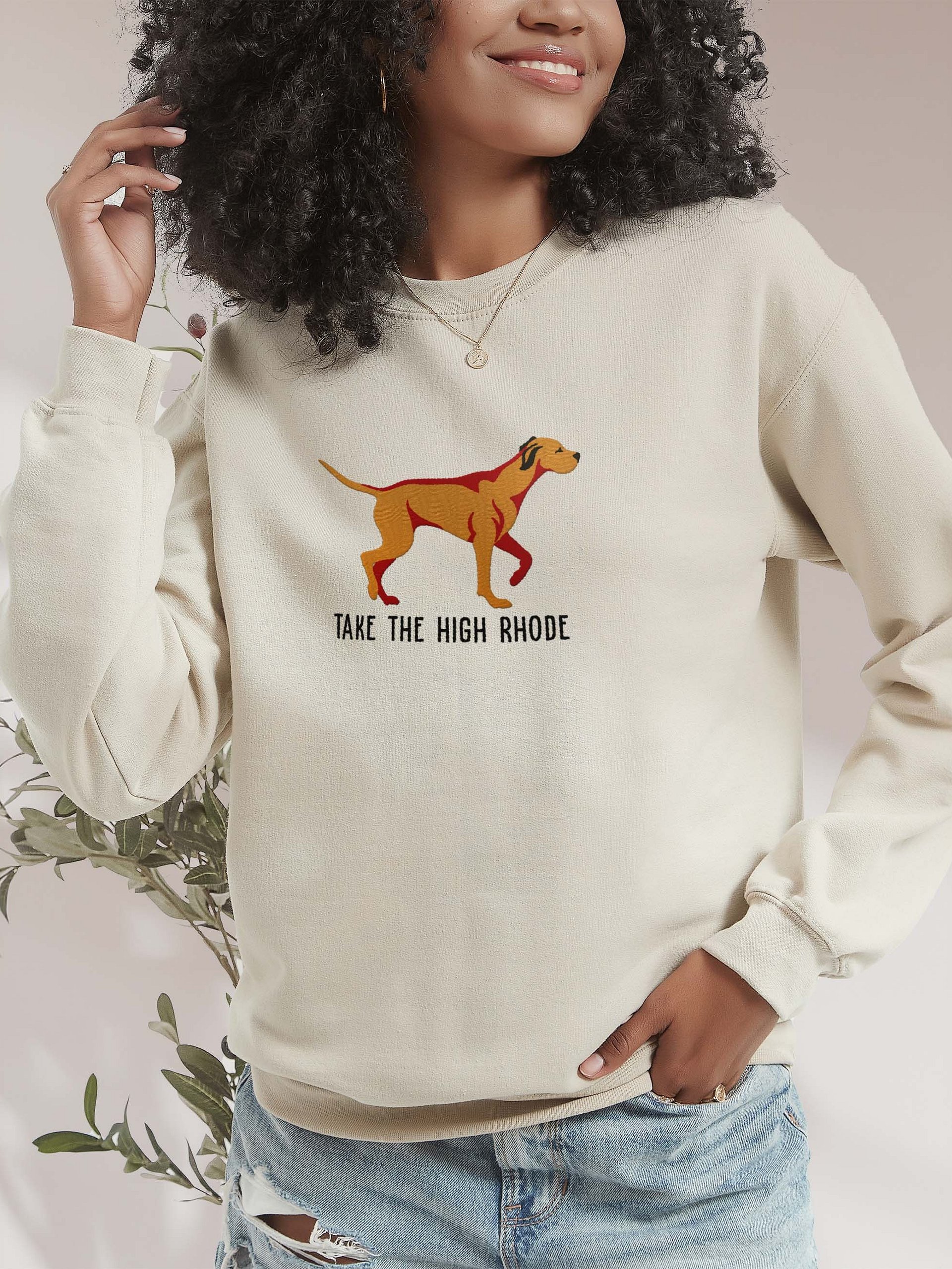 Take the High Rhode Sweatshirt (Embroidered) of a Rhodesian Ridgeback(Tan) product image (2)