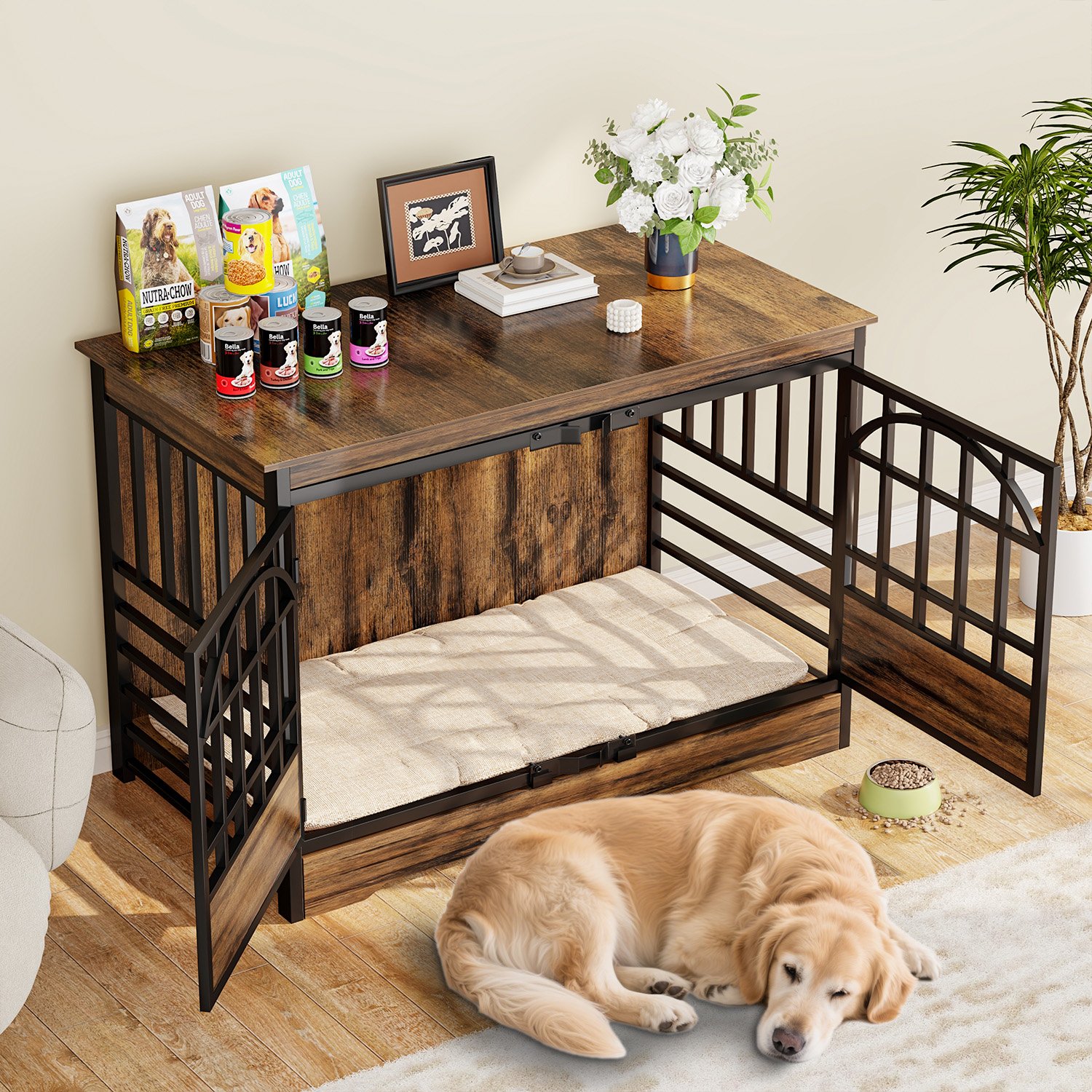 52 inch Dog Crate Furniture, XL Indoor Dog Kennel for Extra Large Breeds, Heavy Duty Wooden Dog Cage with Double Arched Doors, TV Stand & End Table, Retro Brown product image (2)