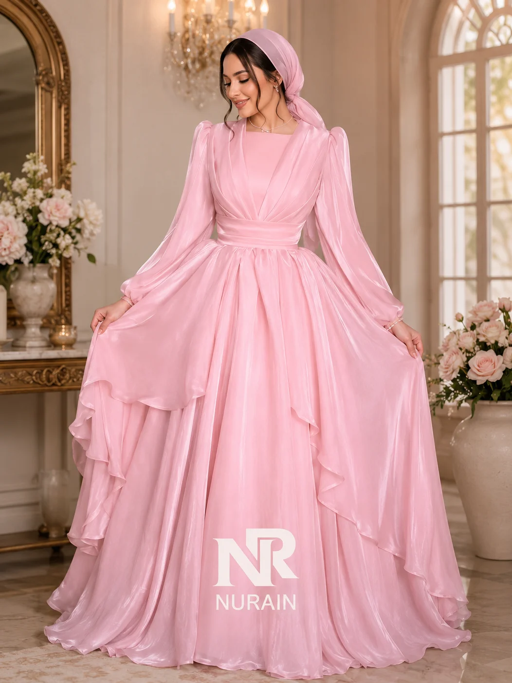 Luxury Women's Organza A-Line Evening Gown – Elegant Square Neck Long Sleeve Tiered Ruffle Prom Dress for Weddings, Galas & Formal Events product image (1)