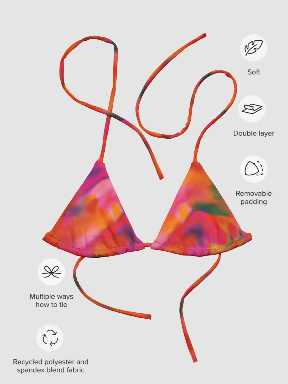 Recycled String Bikini Top "Trendy Vibrant Pink Orange Tie Dye" Printed product image (4)