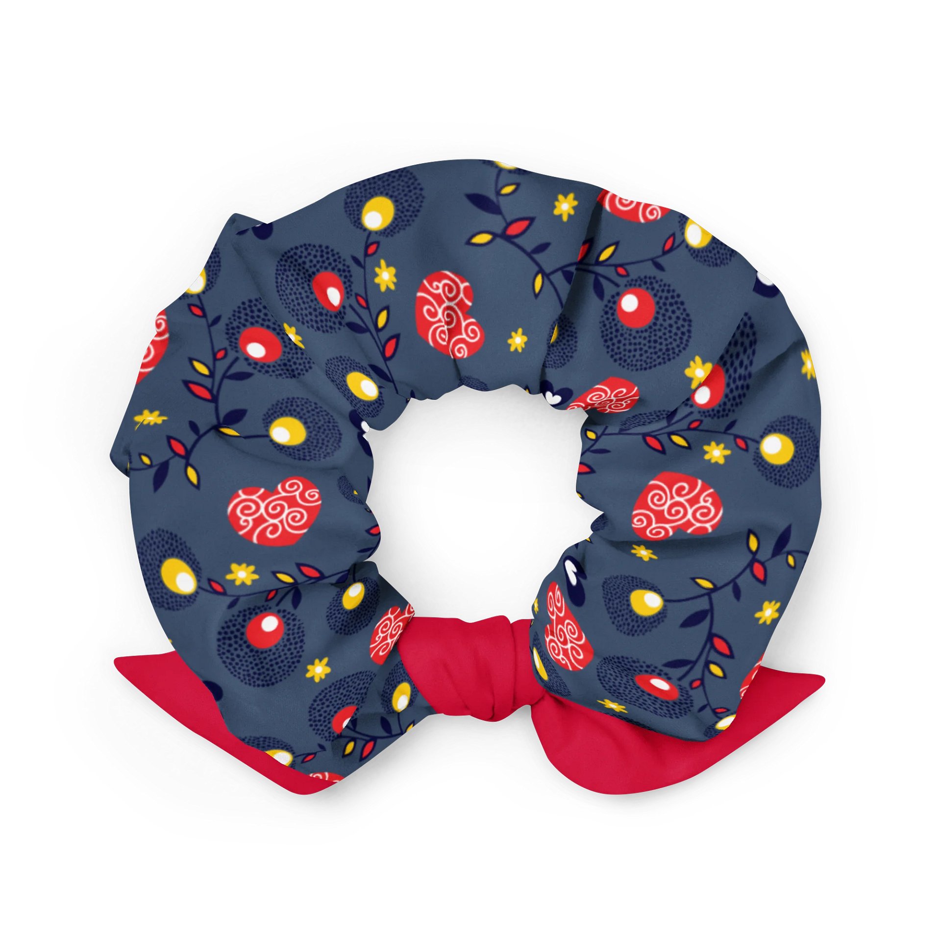 Navy Folk Floral Scrunchie with Red Bow | Sustainable Hair Accessory product image (2)