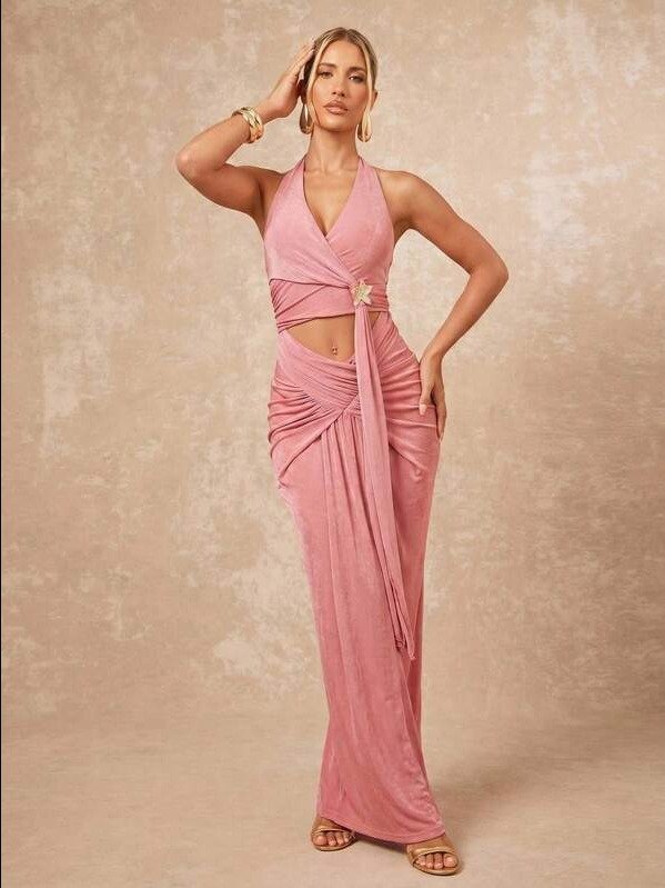 Summer Women's Extra Long Dress With Halter, Waist Cinching, Ruched Structure, Flowy Ribbon, And Metal Flower Decor This Garment Effortlessly Transitions product image (1)