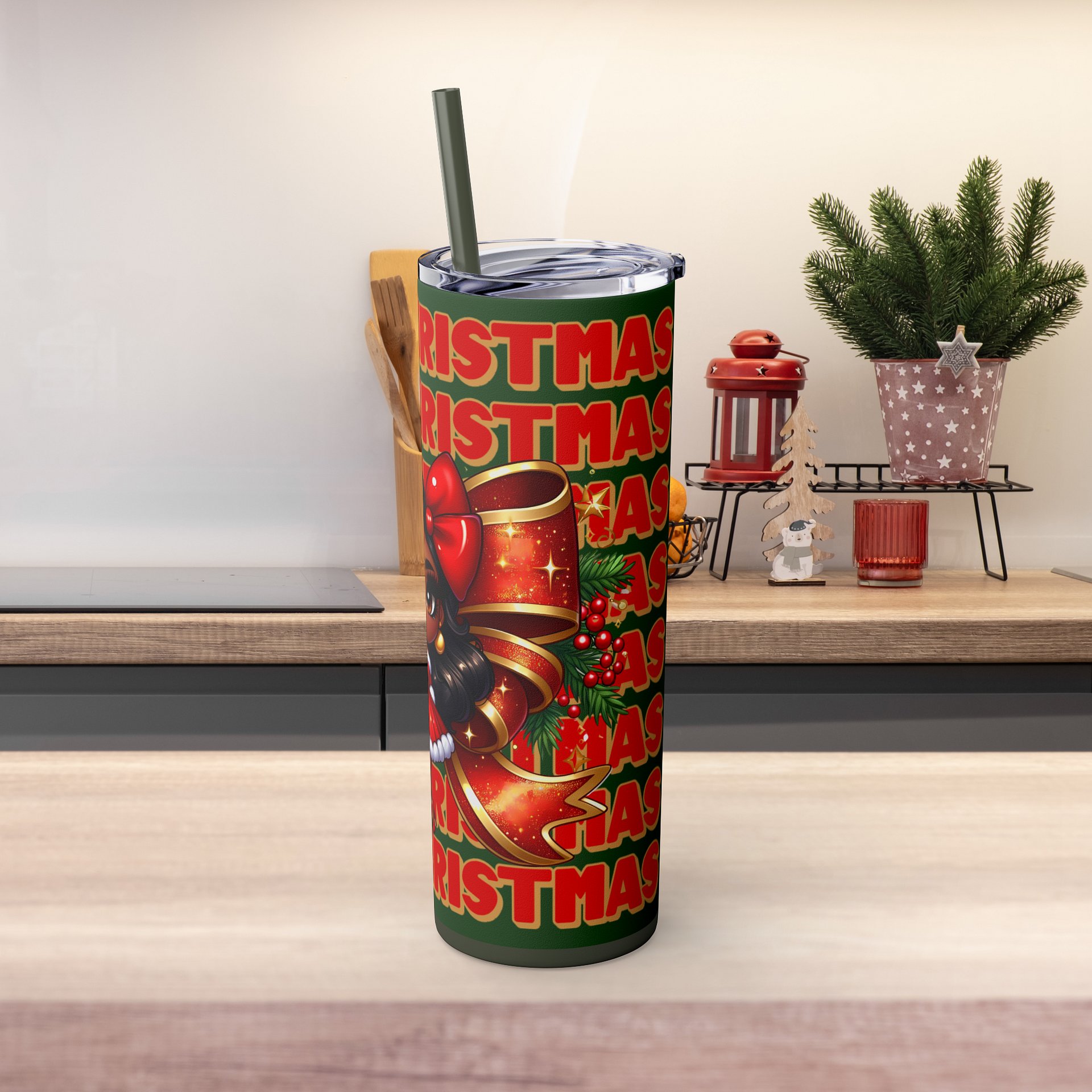 Merry Christmas Brown Holiday Doll Tumbler Wrap Design, Festive 20oz Sublimation PNG, Holiday Digital Download, Red Bow Christmas Tumbler product image (4)