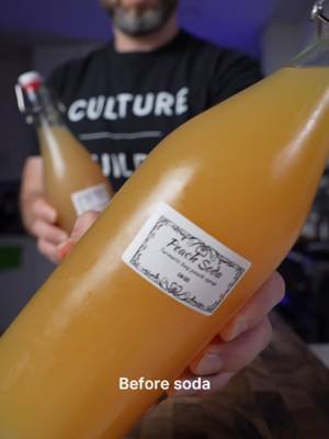 Before soda came from a can, this is how peach soda was made. It starts with a bug, ginger or turmeric, either works. Peaches chopped and cooked down with sugar into a syrup, strained, that's the flavor base. Syrup, water, and a splash of the bug into the bottle, and that's what carbonates it, no machine. Leave it sealed too long and this happens. Time it right and you get all that fizz without losing half the bottle. Full method's linked in my bio if you want it. #fermentation #peachsoda #gingerbug #turmericbug #guthealth #brinelab #dishbydavid