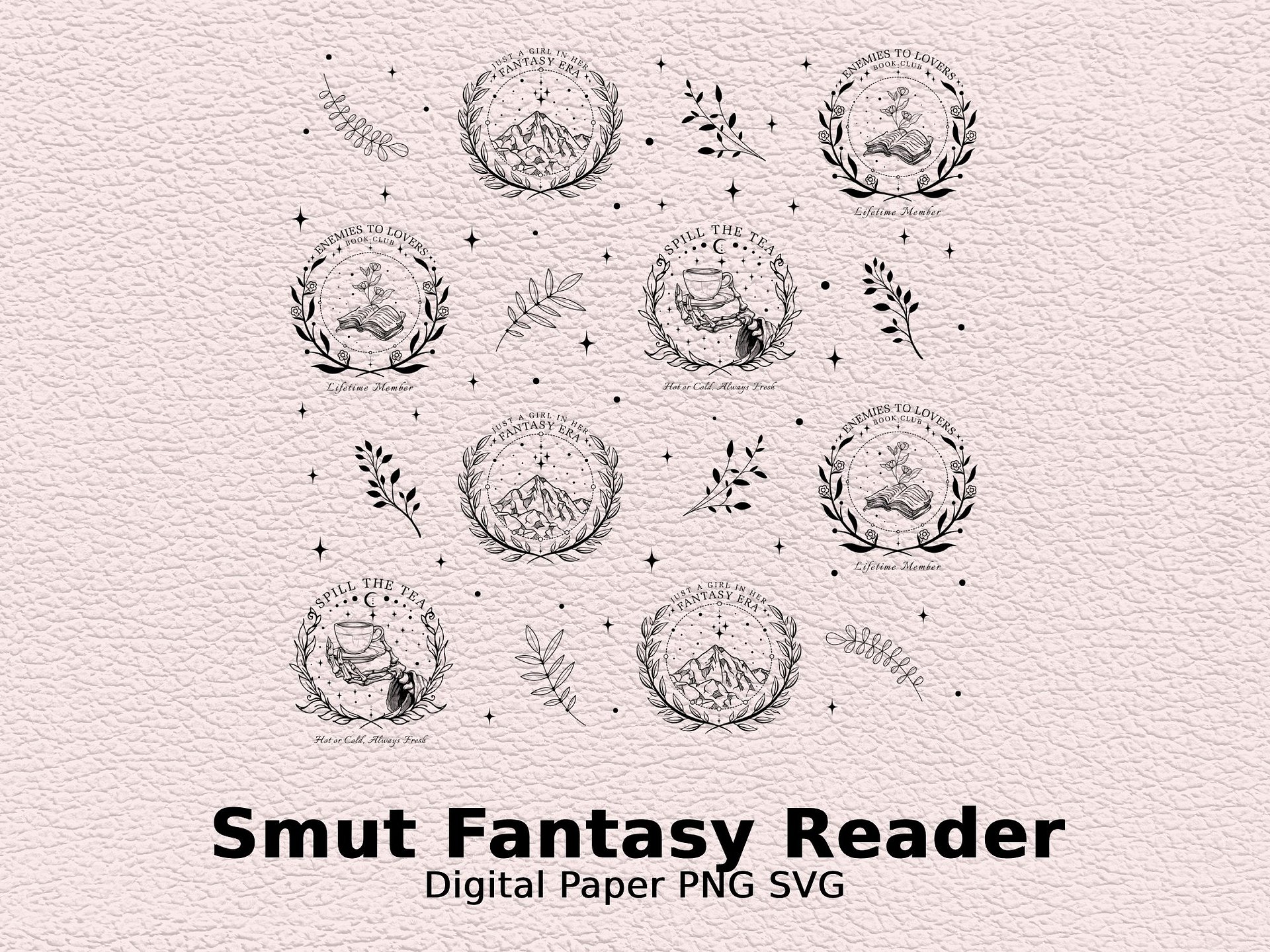 Smut Romantasy Book Reader Digital Paper Square Fabric SVG PNG, Fantasy Era Minimalist Tattoo Vintage Line Art, Seamless Digital Download product image (6)