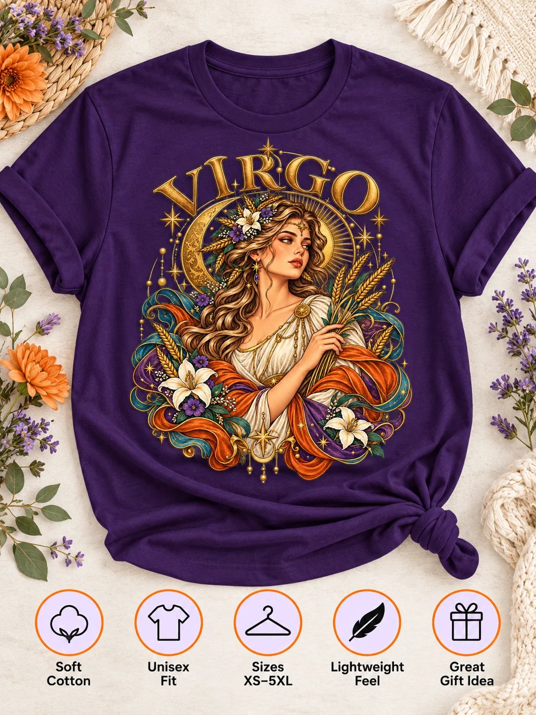 Virgo Zodiac T-Shirt With Celestial Maiden, Wheat and Lilies product image (3)