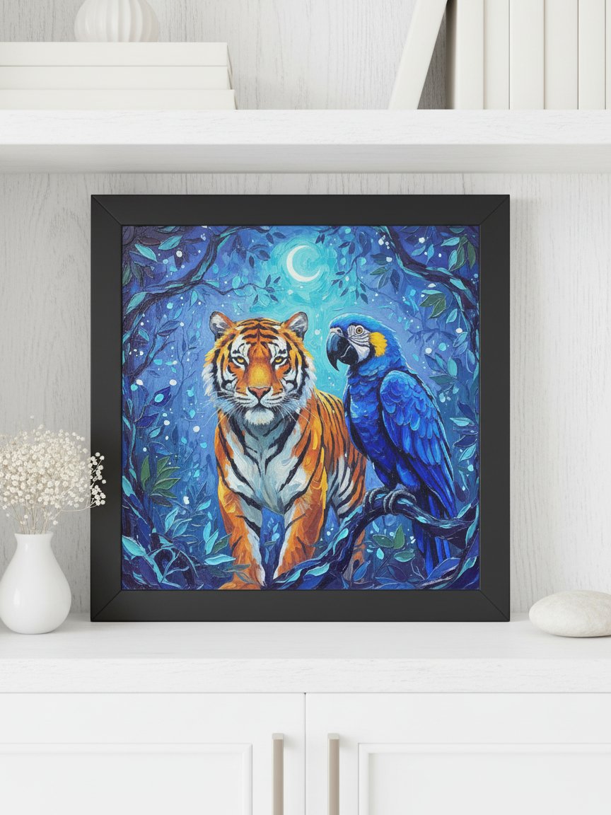 Elegant Tiger and Macaw Framed Wall Art, Luxe Tropical Wildlife Print product image (4)