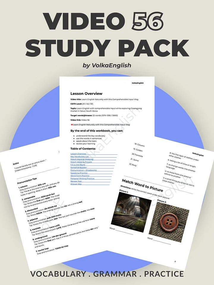Learn English Naturally with this Comprehensible Input Vlog - Video 56 Study Pack product image (1)