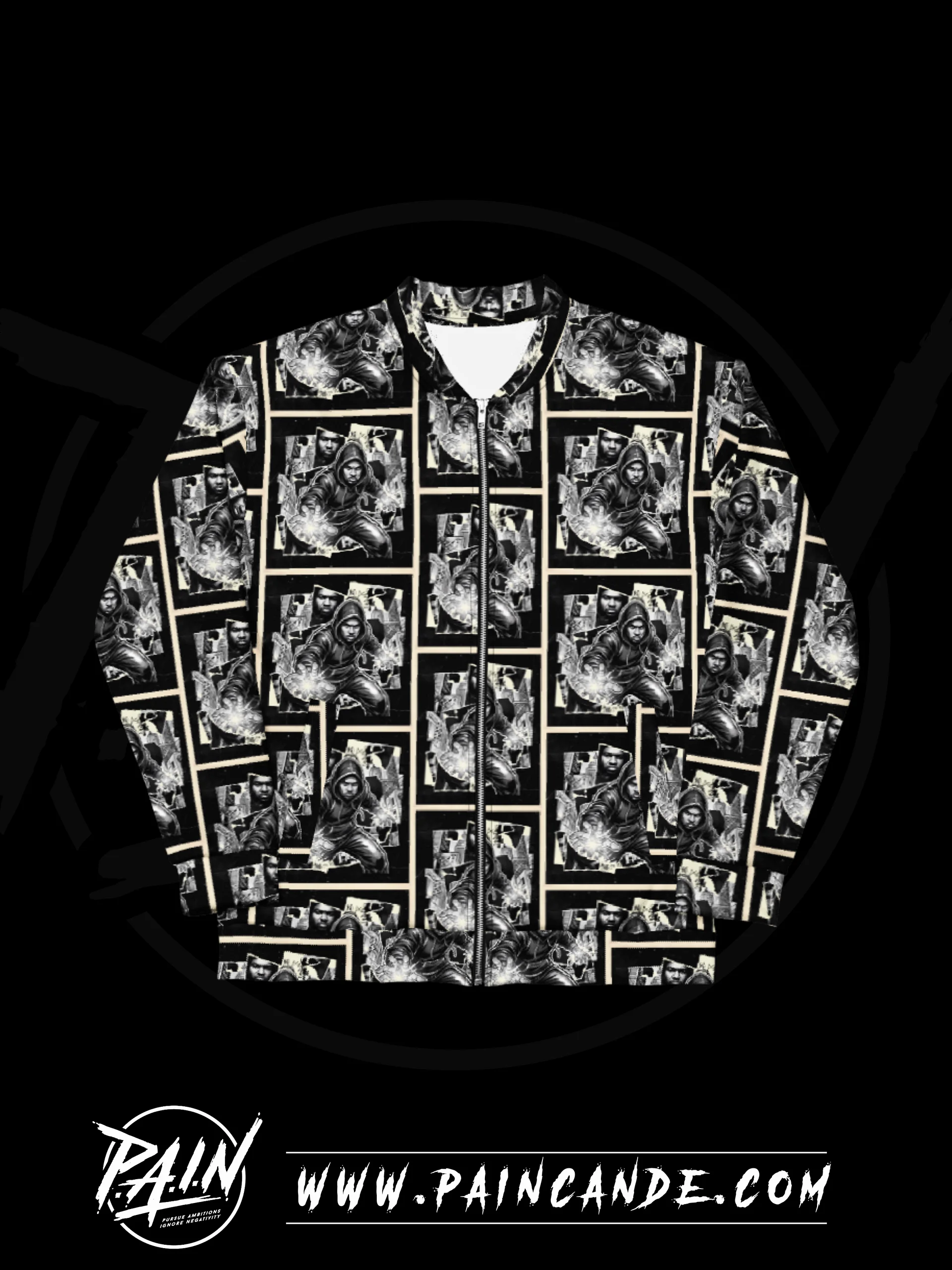 Comic-Style Hooded Chaos Bomber Jacket product image (1)