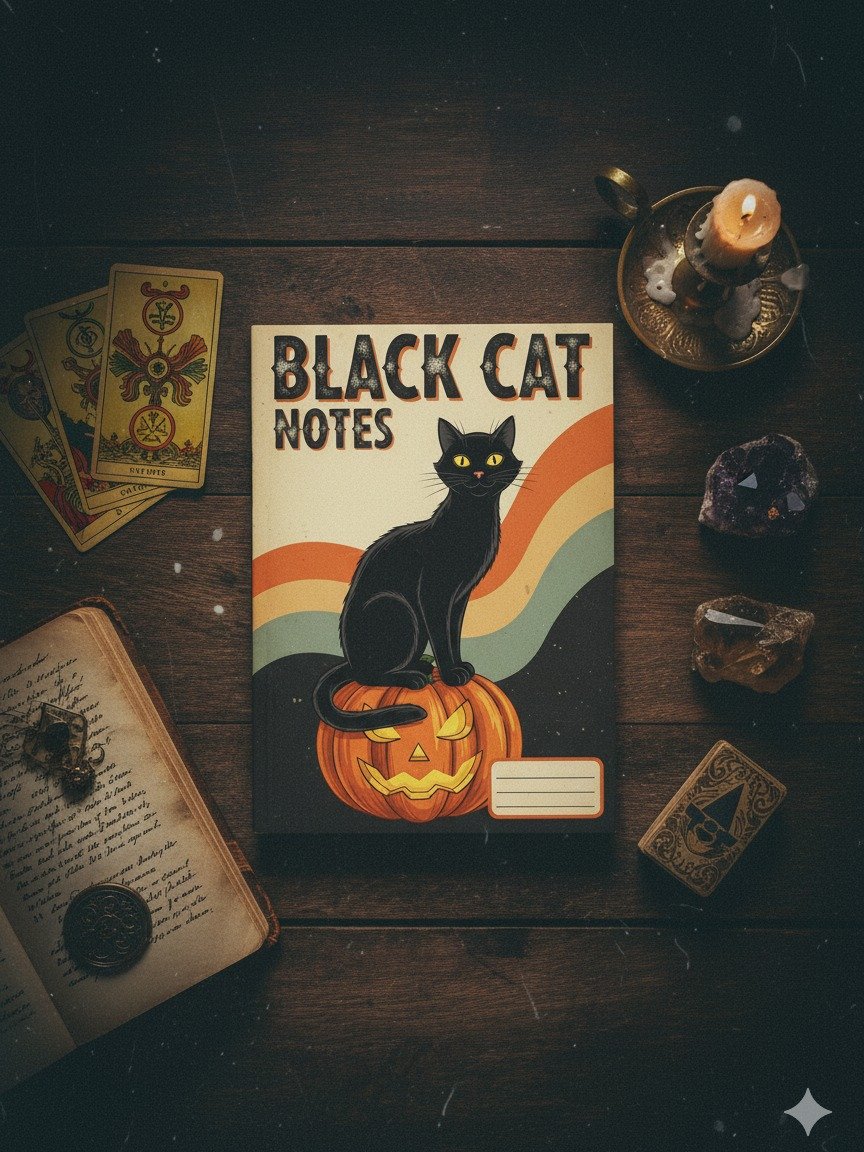 Black Cat Notes Digital Notebook Cover | Halloween Printable Journal | Retro 70s Spooky Stationery | Vintage Cat Lover Planner product image (5)