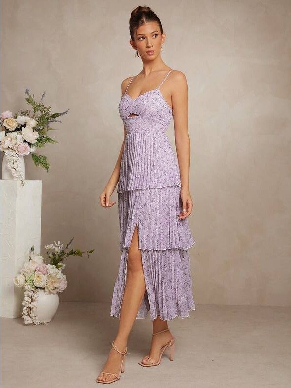 ADLEST Women's Elegant Ditsy Floral Pleated Slit Dress, Summer product image (5)
