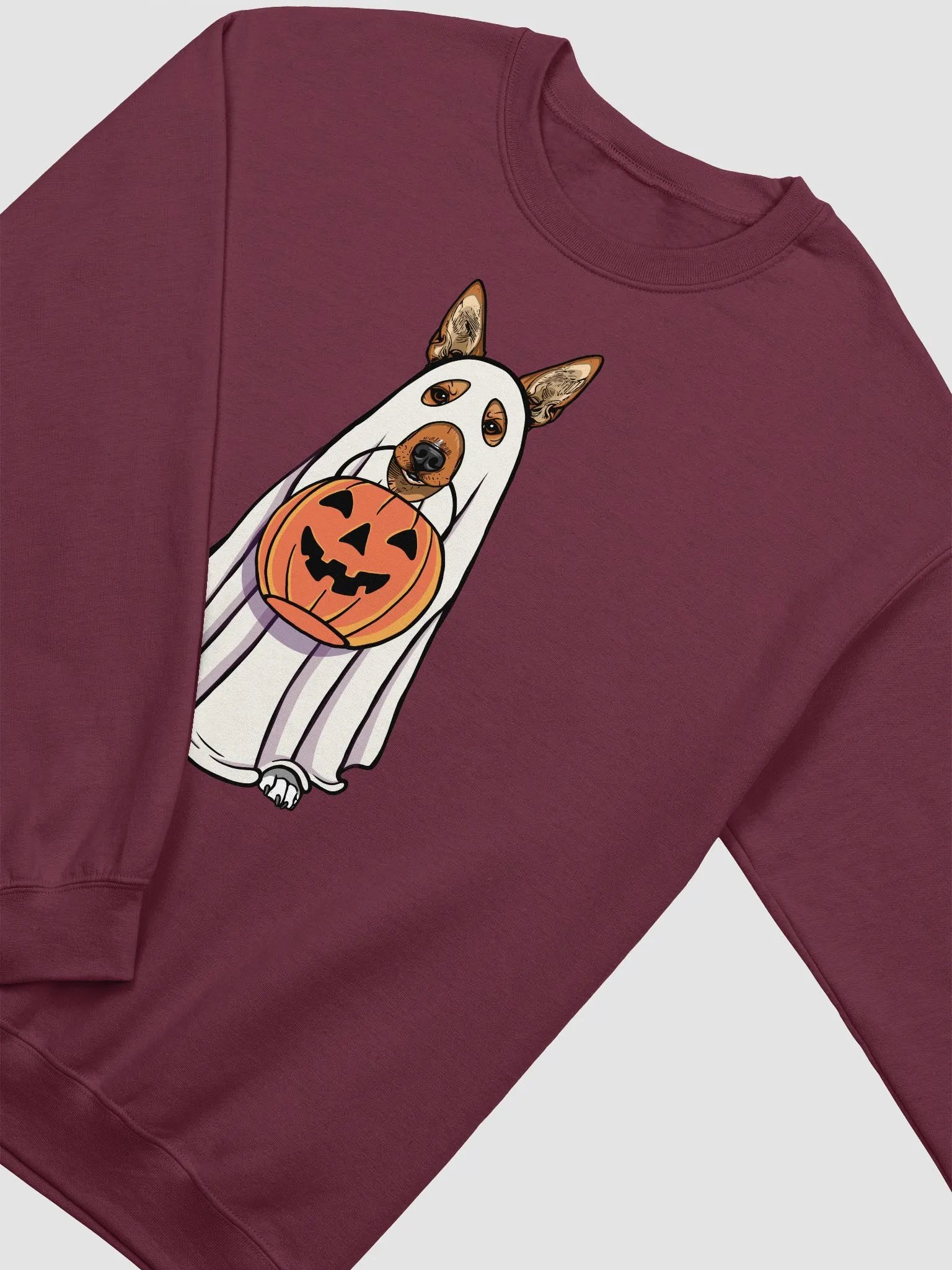 Funny Halloween Basenji Sweatshirt | Funny Basenji Wearing a Ghost Costume and Holding a Pumpkin Basket product image (4)
