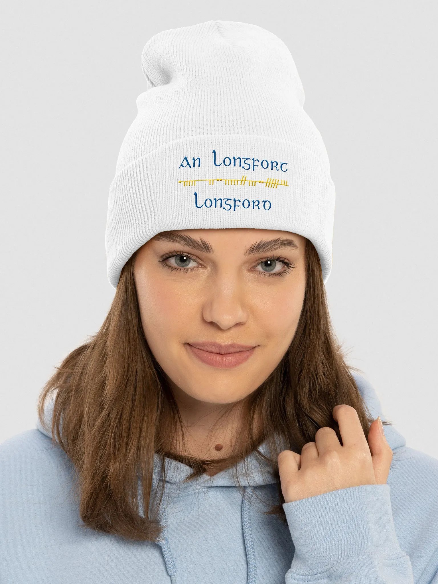 Longford/An Longfort Scholastic style Ogham Ogham, blue and gold, embroidered Cuffed Beanie product image (33)